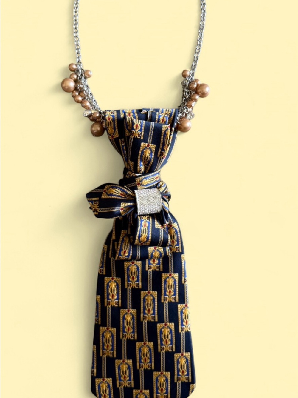 Re-Styled Silk Navy & Gold Statement Necktie Necklace w/Rhinestone & beads, - Picture 3 of 3